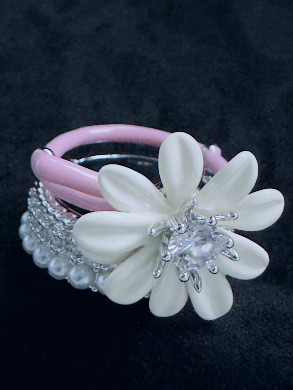 White Daisy Flower Statement Ring With Pink Band
